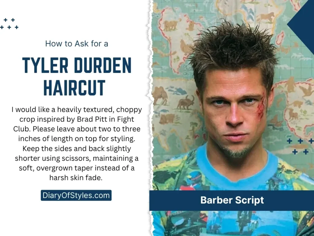 Infographic detailing how to ask a barber for a textured Tyler Durden haircut inspired by Brad Pitt in Fight Club