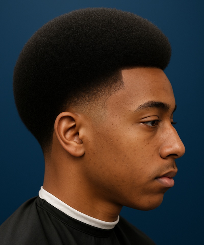 A high-top fade haircut with closely shaved sides and a full, textured afro on top.