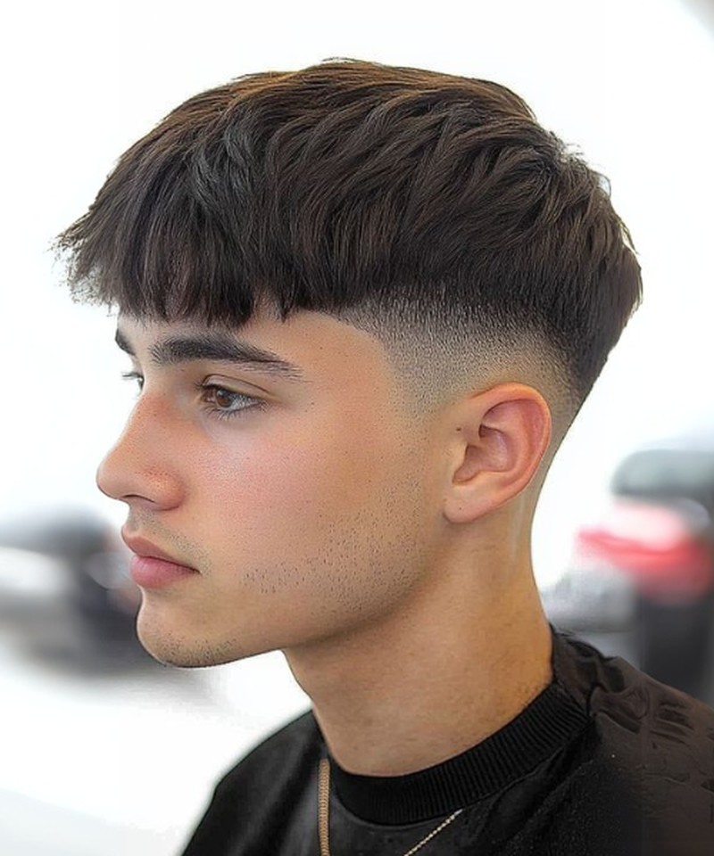 A low fade haircut with textured, medium-length top hair styled forward, creating a clean, modern look.