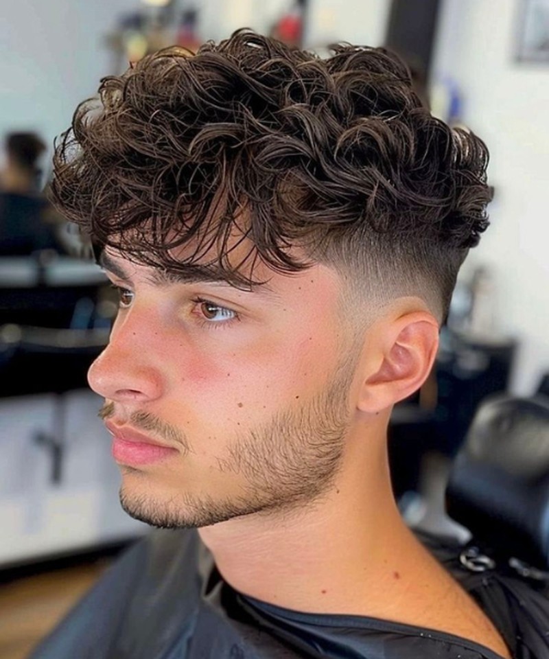 A low fade with closely shaved sides transitions to a voluminous, curly top with textured, tousled waves.