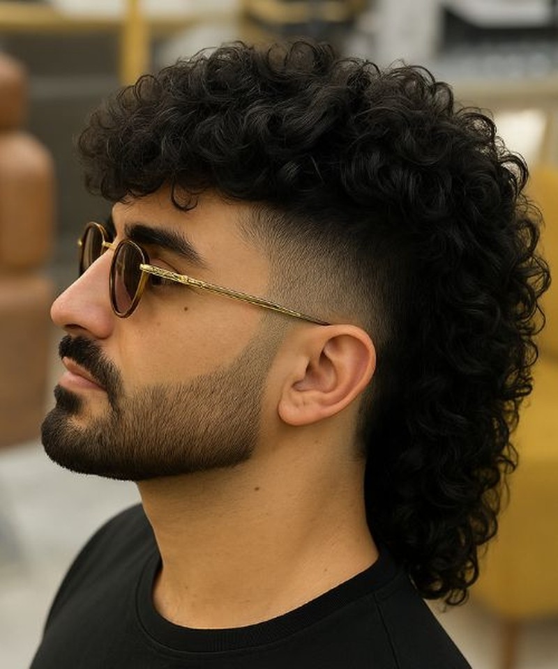 A man with a curly afro skin fade mullet featuring tightly coiled black hair on top with a clean bald fade transitioning to longer textured curls