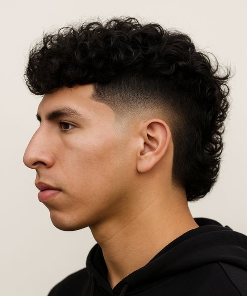 A man with a curly afro-textured modern mullet fade featuring a high skin fade transitioning to voluminous curly top with defined ringlets