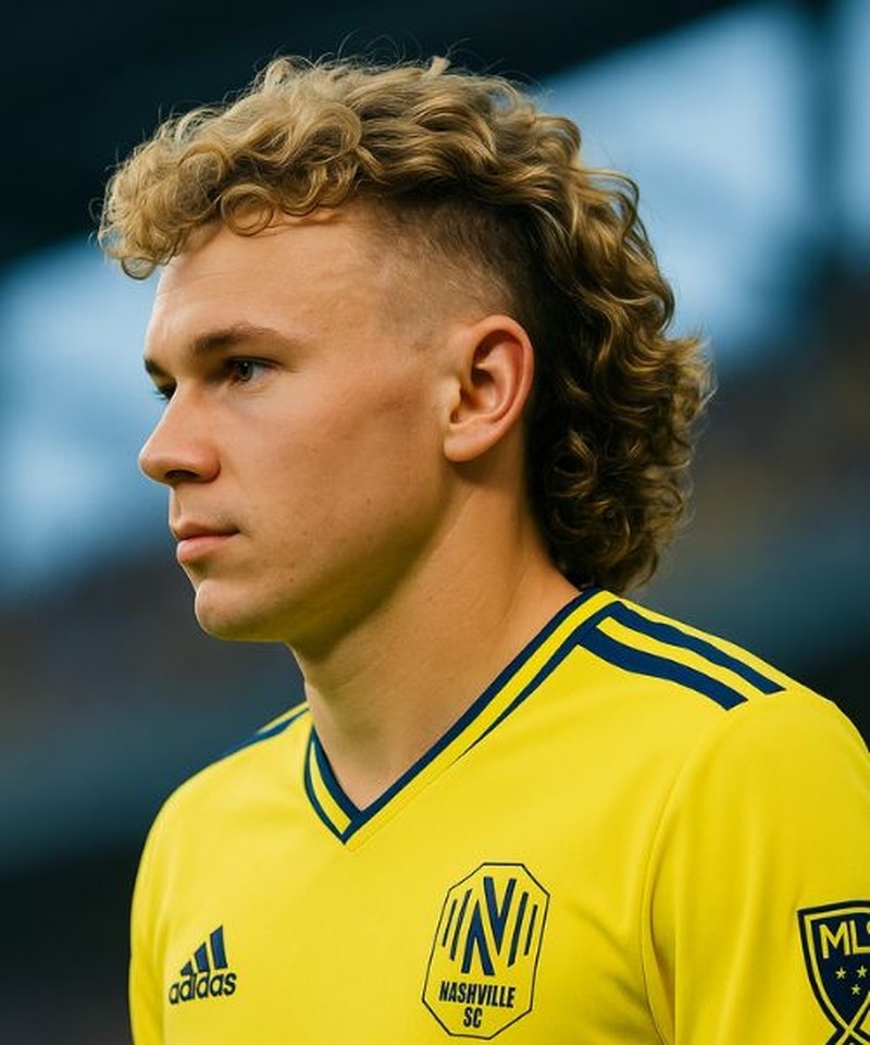 A man with a curly wavy Euro-style mullet featuring a medium-length textured top with defined curls and a sharp high skin fade on the sides and nape