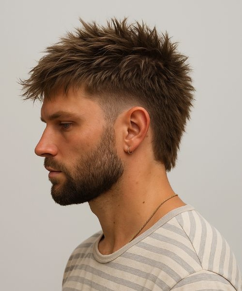 A man with a spiky textured mullet featuring a sharp high fade, short tapered sides, and medium-length tousled top hair emphasizing volume and movement