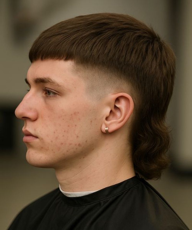 A man with medium-length wavy brown hair in a straight-across blunt fringe mullet with a sharp high skin fade tapering from temples to nape