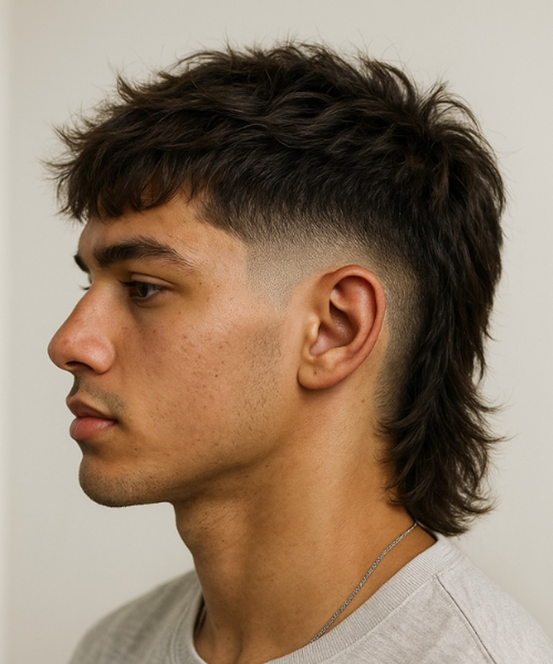 A medium-length, textured top with a sharp fade cut on the sides and back, creating a modern, slightly messy yet polished look.