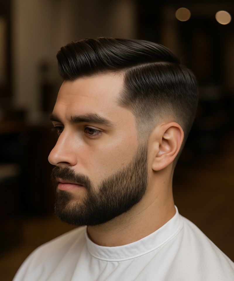 A sharp low fade with a sleek, voluminous, side-swept top and clean, closely shaved sides.