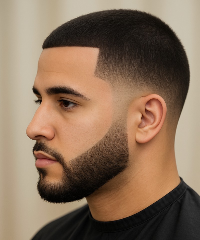 A short, clean fade haircut with closely shaved sides transitioning to a slightly longer, neatly styled top.