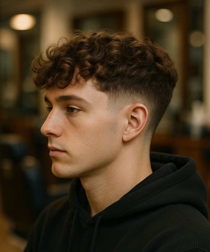 A short fade haircut with textured, curly top hair that tapers down to the skin on the sides and back.