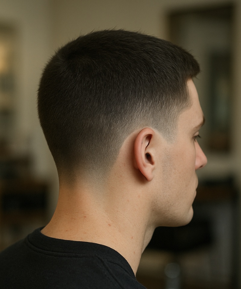 A short, neatly styled haircut with a clean low fade transitioning from closely shaved sides to a slightly longer, textured top.