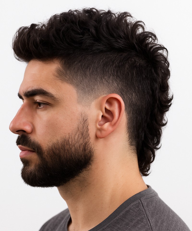 A short, textured fade haircut with curly, voluminous top hair and a clean, gradual taper down the sides.