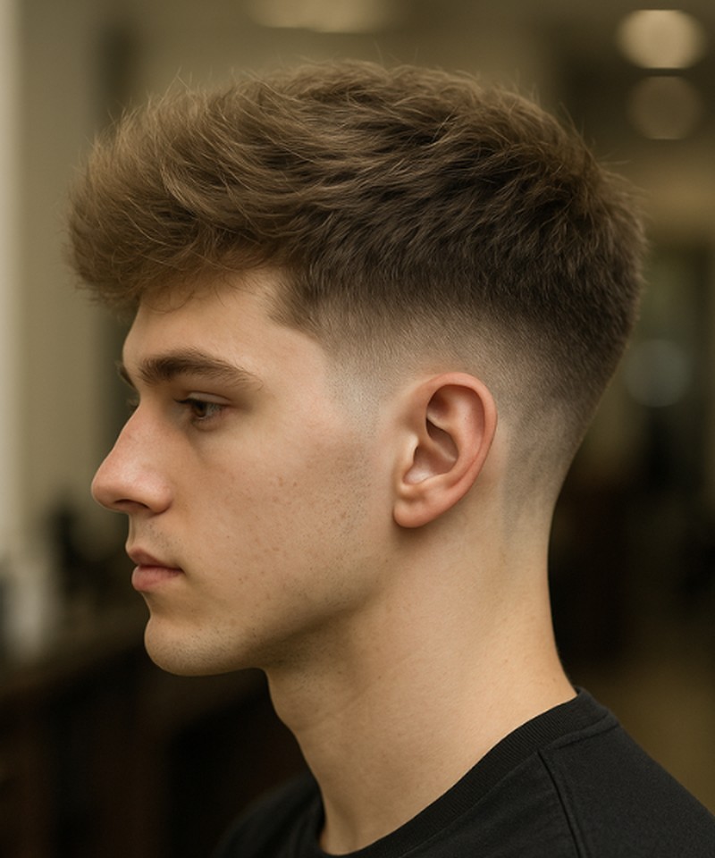 A short, textured fade haircut with longer, tousled hair on top and a clean, gradual taper down the sides.