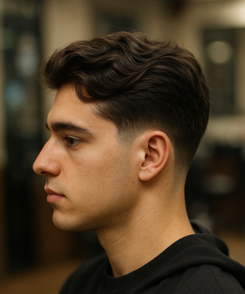 A short, textured fade haircut with wavy, medium-length top hair styled upward and back, featuring a clean, gradual taper on the sides and back.