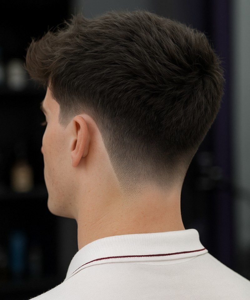 A short, textured haircut with a low fade transitioning from closely shaved sides to longer, styled top hair.