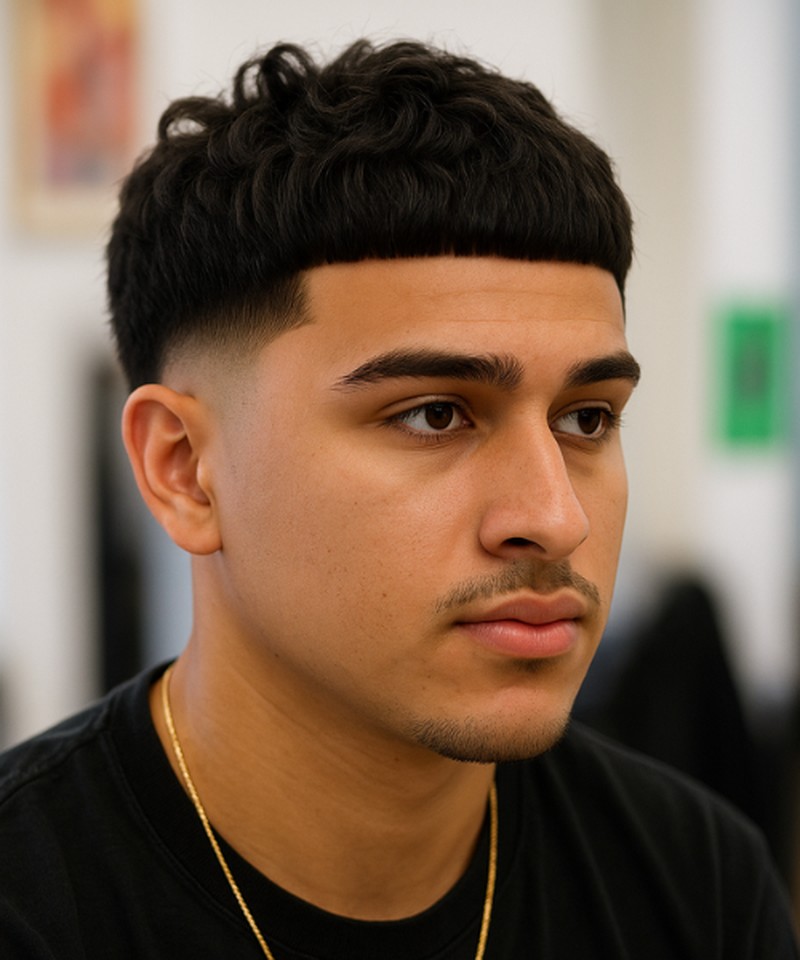 A short, textured top with tight curls, paired with a clean low fade that tapers down to the skin, creating a sharp, modern look.