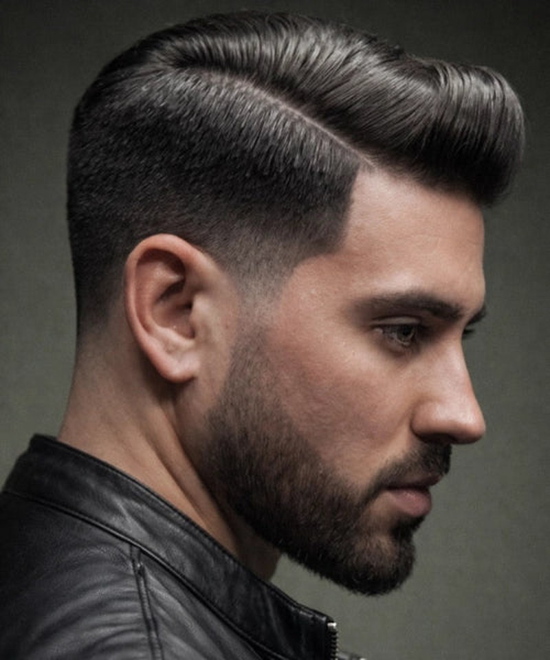 A sleek, modern fade haircut with closely shaved sides transitioning to longer, neatly styled top hair swept back and textured for volume.