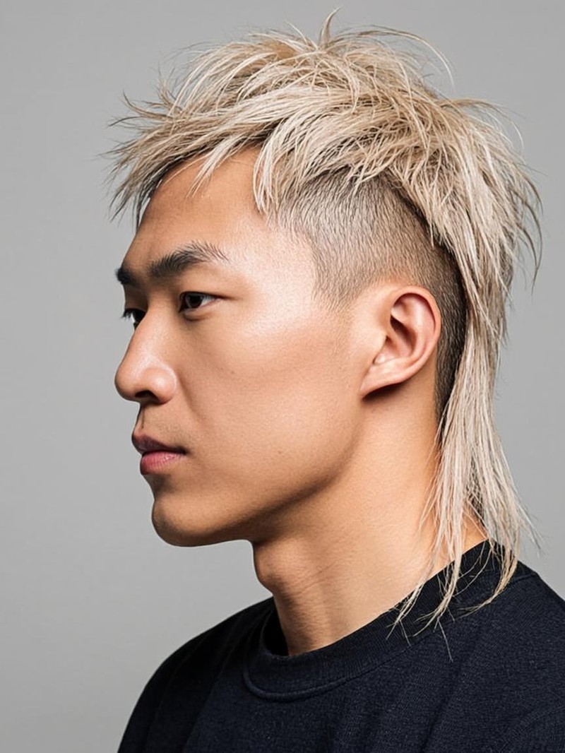 Bleached Mexican Mullet haircut with short sides, long bleached back, and textured top.