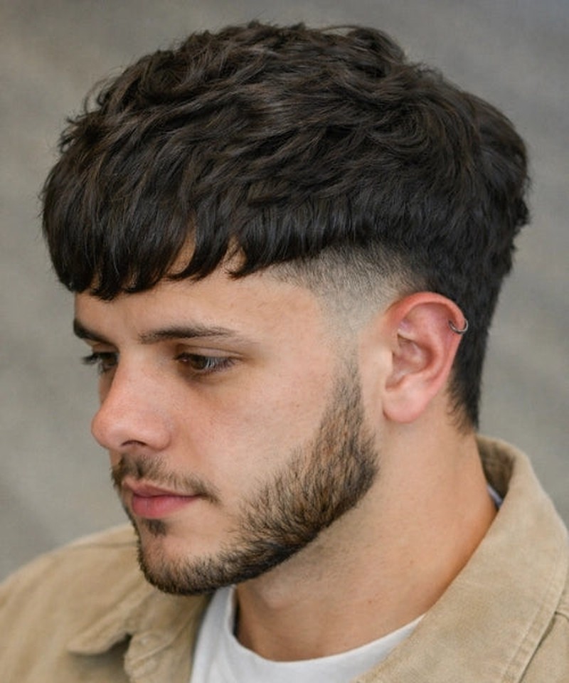 Close-up of a textured fringe mullet featuring a low fade with a sharp clean transition from short sides to longer tousled wavy top hair with natural volume