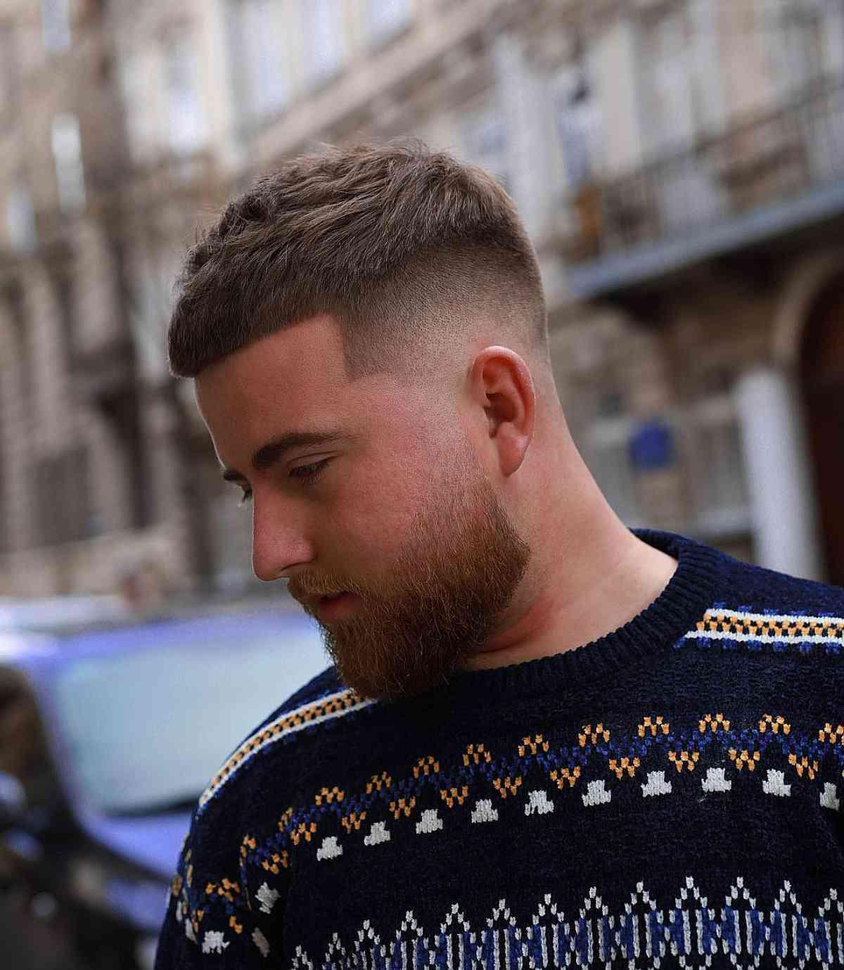 Drop Fade Caesar Cut: short horizontal fringe, Roman-style front edge, textured top, sharp fade.