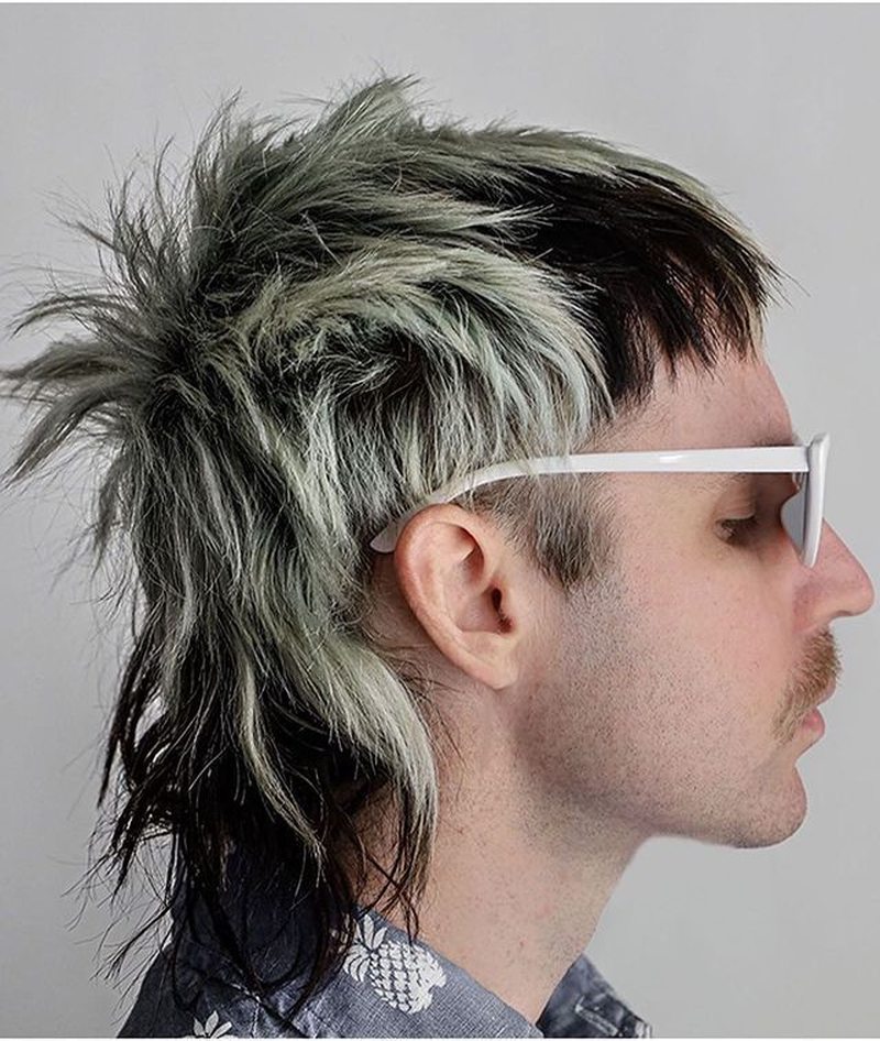 Side view of a man with thick, textured, black-and-gray hair styled in a fluffy mullet variation.