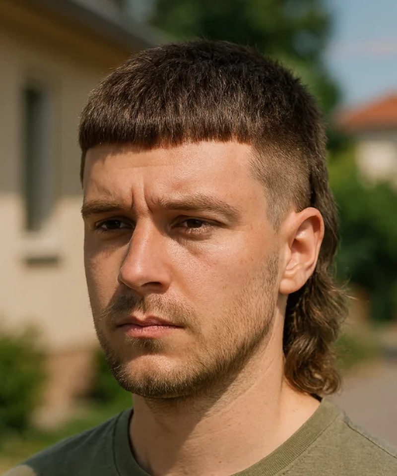 Straight Hair Edgar Mullet: Flat fringe, sharp fade, wavy mullet back. Men's edgy hairstyle.