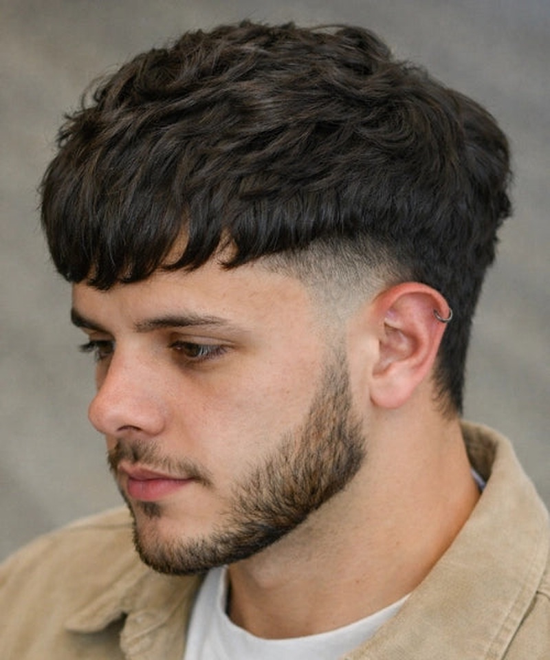 Takuache taper fade with fringe men's haircut, textured wavy top, clean fade sides.