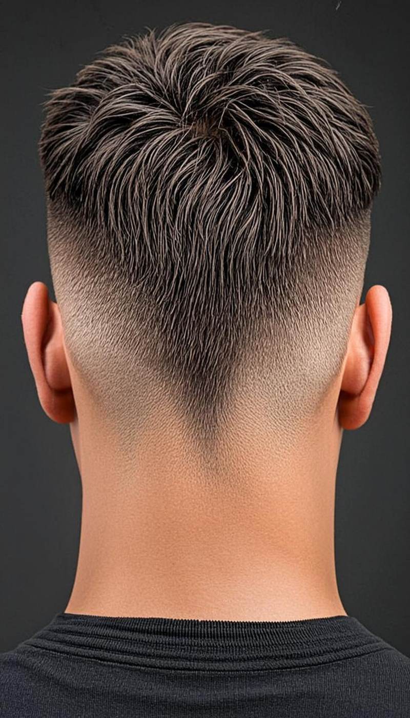 V-Shape Nape Mullet haircut with textured top, low fade, and sharp V-shaped nape.