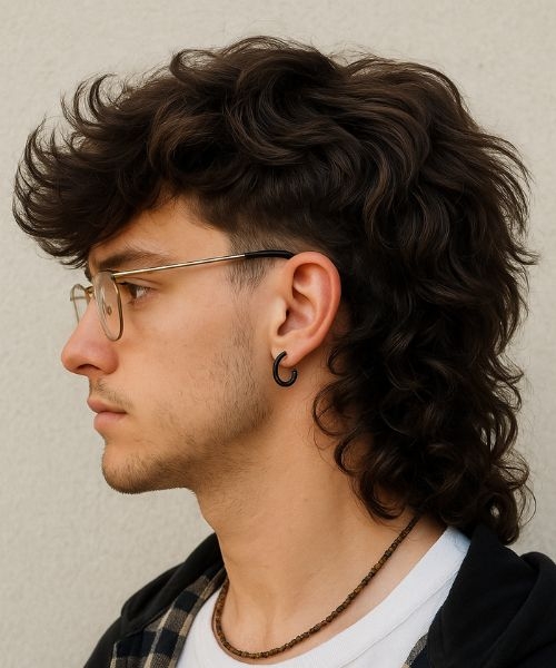Man with a grown-out shag mullet haircut showing curly mid-length hair, low fade, textured top.