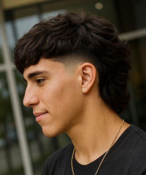 Man with a layered shag mullet haircut showing textured curly top, low fade, and medium length.