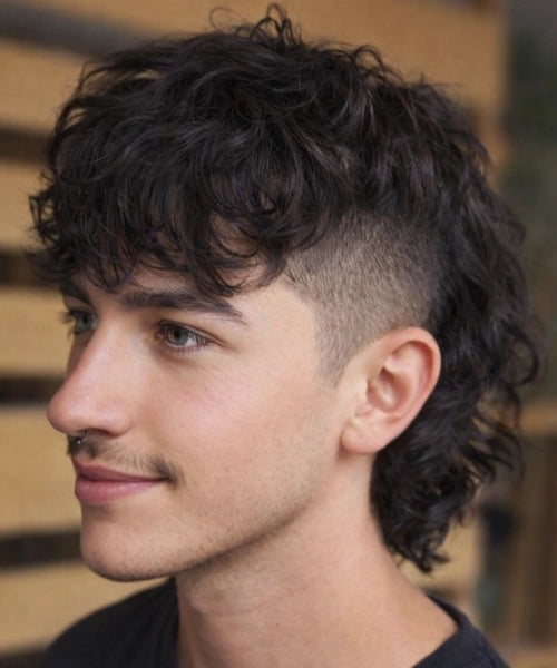 Man with a messy mullet haircut showing curly medium-length hair, low fade, textured top.