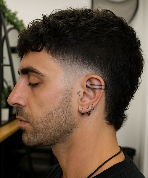 Man with a micro mullet haircut showing curly fade haircut, textured top, short sides.