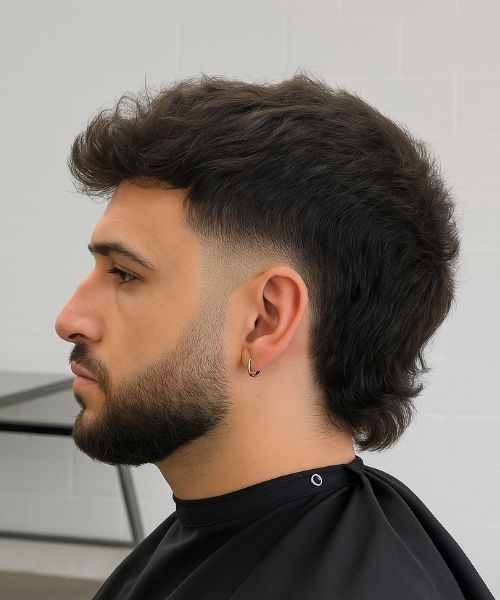 Man with a crew cut mullet haircut showing textured medium-length hair, low fade, and wavy top.