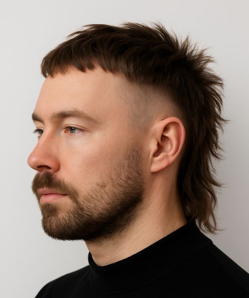 Man with a French crop mullet haircut showing spiky mohawk, high skin fade, textured medium-length top.