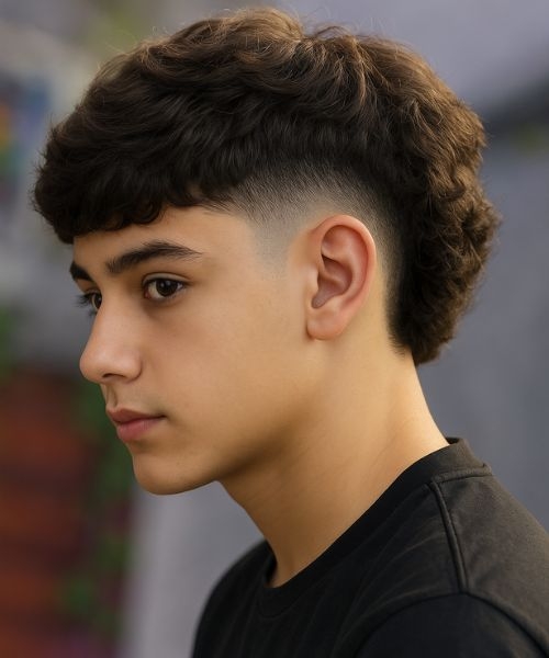 Man with a burst fade mullet haircut showing curly top, low fade, textured length.