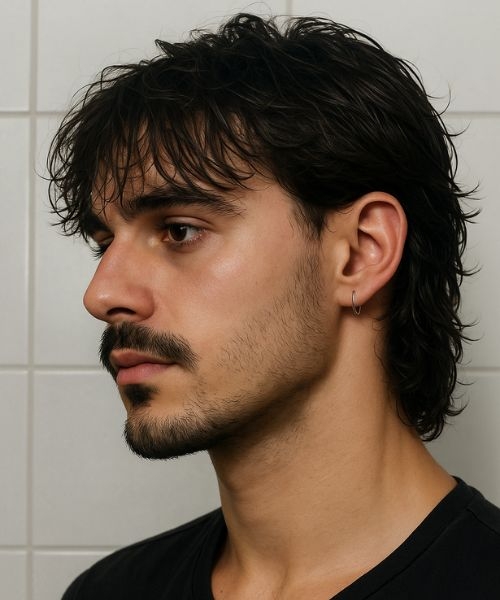 Man with a mini mullet haircut showing textured medium-length hair, low fade, and tousled layers.