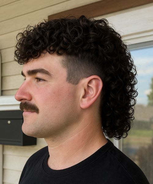 Man with a permed mullet haircut showing curly afro fade haircut, textured curls, medium length.