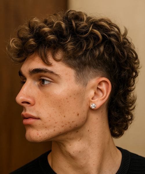 Man with a wavy flow mullet haircut showing curly textured top, low fade, and medium length.