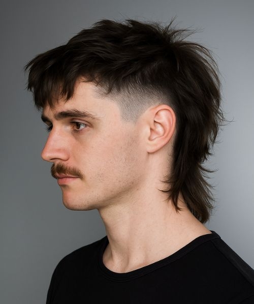 Man with a beach curl mullet haircut showing textured shaggy top, high skin fade, medium length.