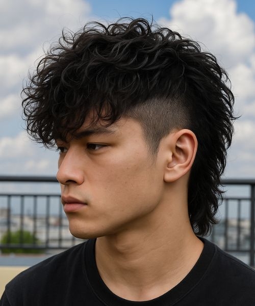 Man with a disconnected undercut mullet haircut showing curly textured top, low fade, and medium length.