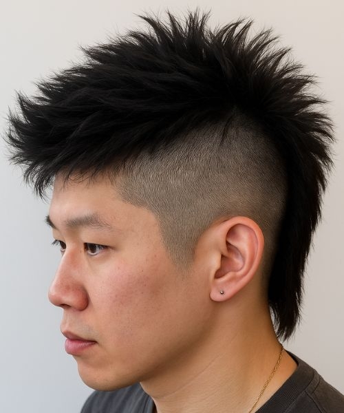 Man with a mohawk mullet haircut showing spiky mohawk, high skin fade, textured top, short sides.