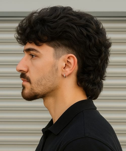 Man with a taper fade mullet haircut showing curly medium-length hair, low fade, textured top.