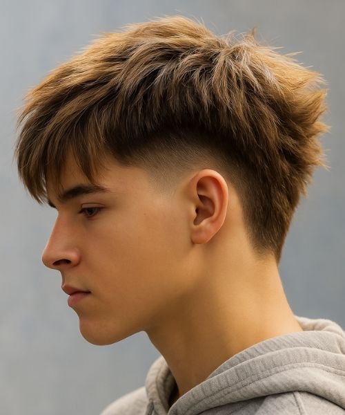 Man with a drop fade mullet haircut showing textured spiky top, low fade, and medium length.