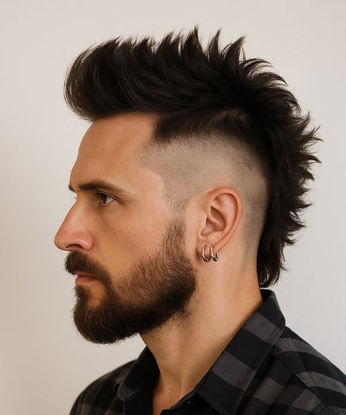 Man with a bald fade mullet haircut showing spiky mohawk, high skin fade, textured top, short sides.