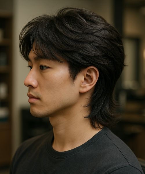 Man with a wolf cut mullet haircut showing medium-length layered haircut, textured top, and subtle fade.