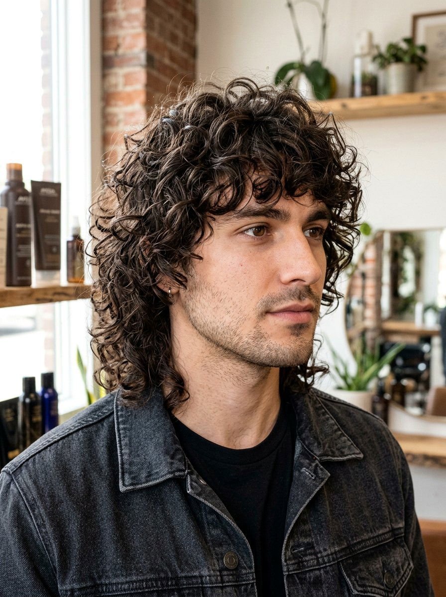 A person with a shaggy, curly wolf cut hairstyle, dark brown hair, wearing a denim jacket, in a salon with brick walls and plants.