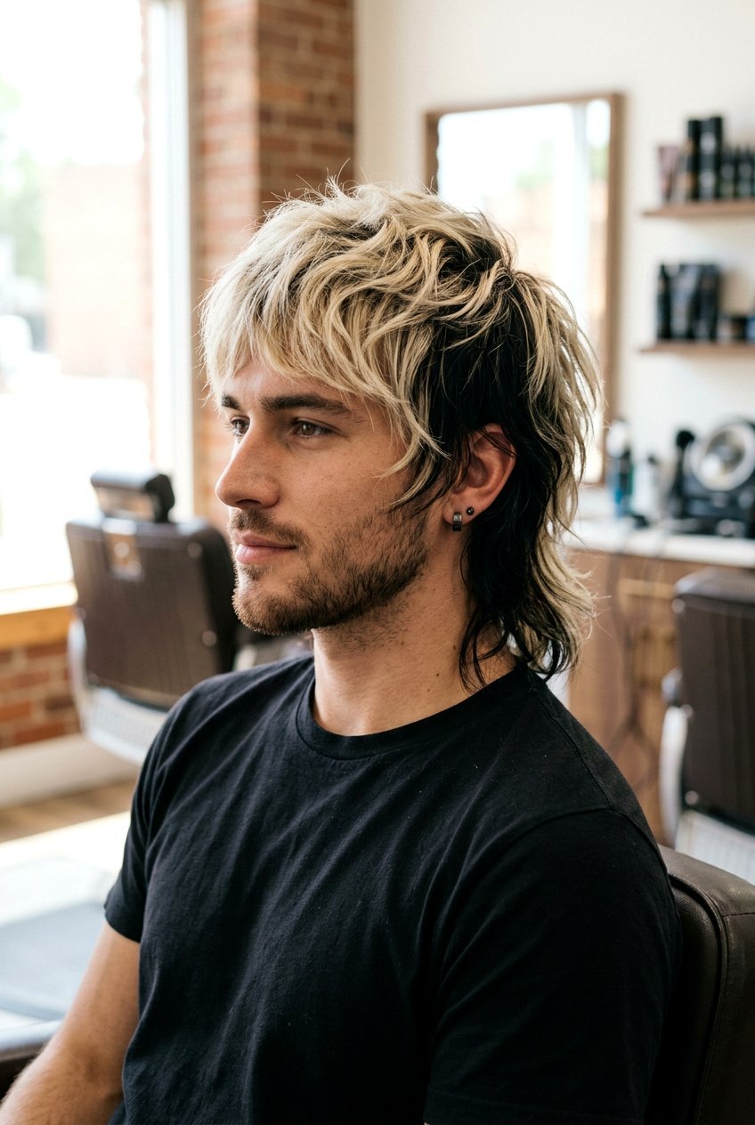 A person with bleach blonde, volumized shag haircut, wearing a black shirt, in a bright salon with brick walls and styling tools visible.
