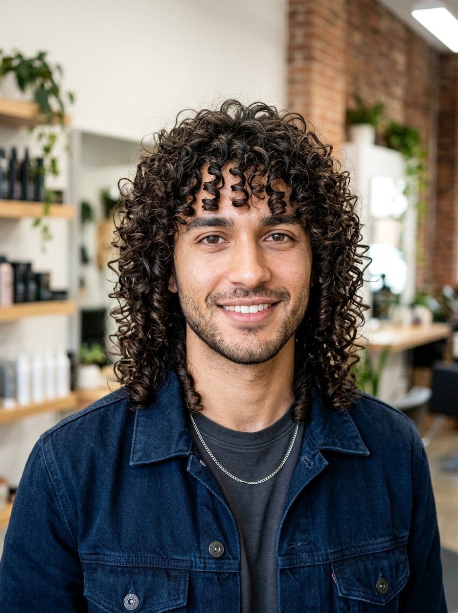 A person with long, dark brown coiled Afro-texture hair, wearing a denim jacket, in a bright salon setting.