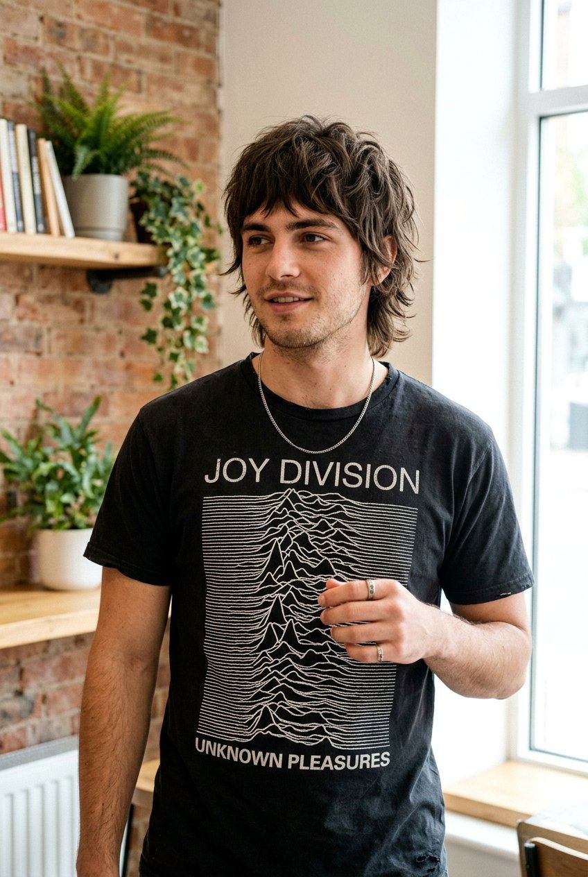A person with mid-length, textured brown hair wears a black Joy Division t-shirt, standing near a brick wall with plants and a window.
