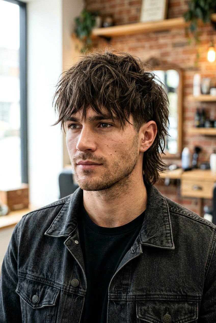 Edgy Undercut Wolf Cut with medium brown, tousled hair, visible face, natural lighting, and a salon background.