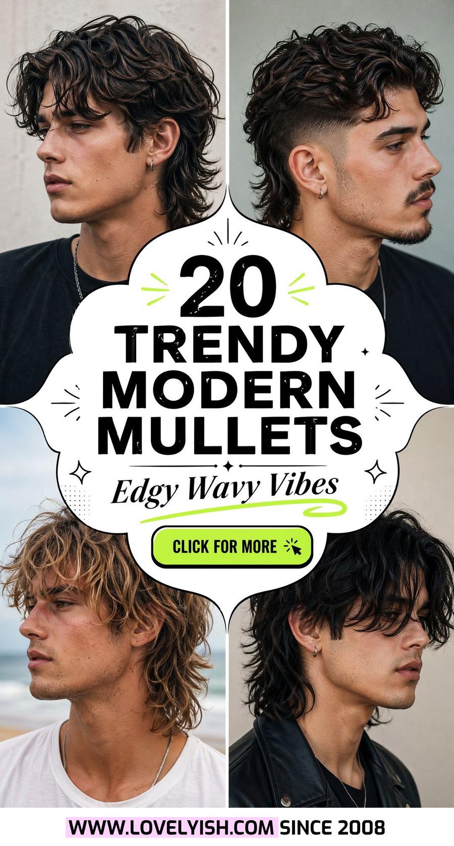 Four men display trendy modern mullets: dark brown, dark brown with fade, light brown, and black wavy styles, shown in profile with varied lighting and angles.